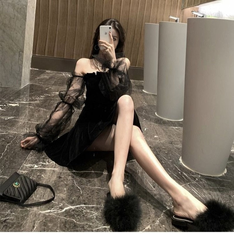 New 2022 Black Retro Dress Women Lace Chiffon Mini Dress Female High