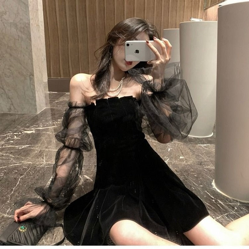 New 2022 Black Retro Dress Women Lace Chiffon Mini Dress Female High