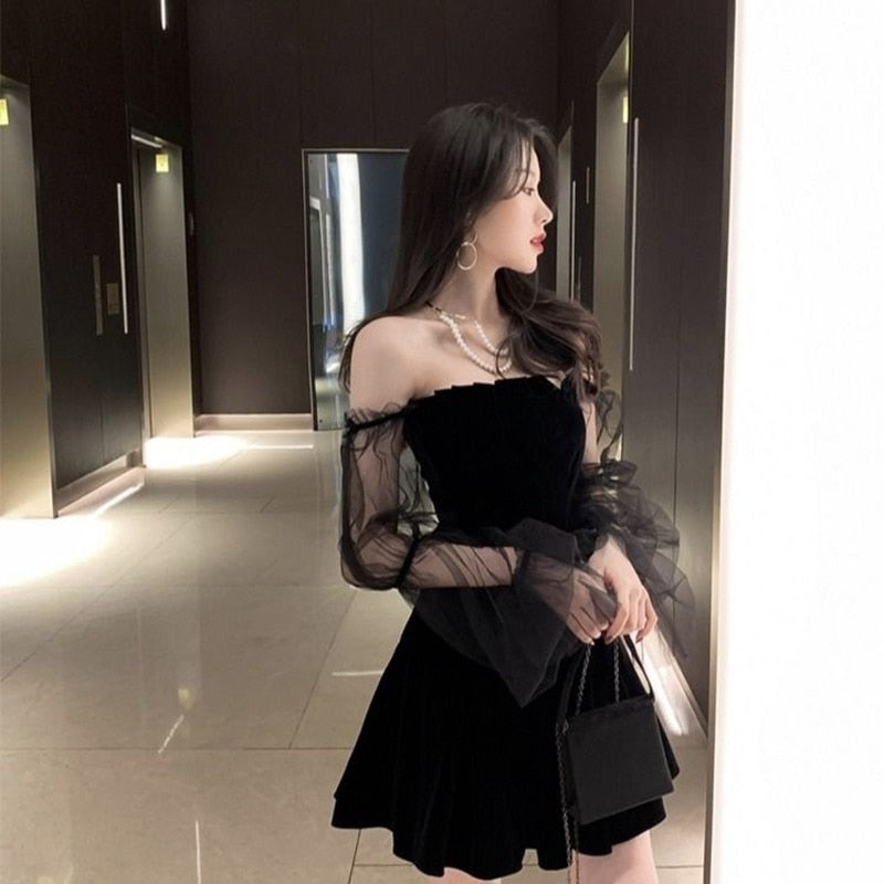 New 2022 Black Retro Dress Women Lace Chiffon Mini Dress Female High