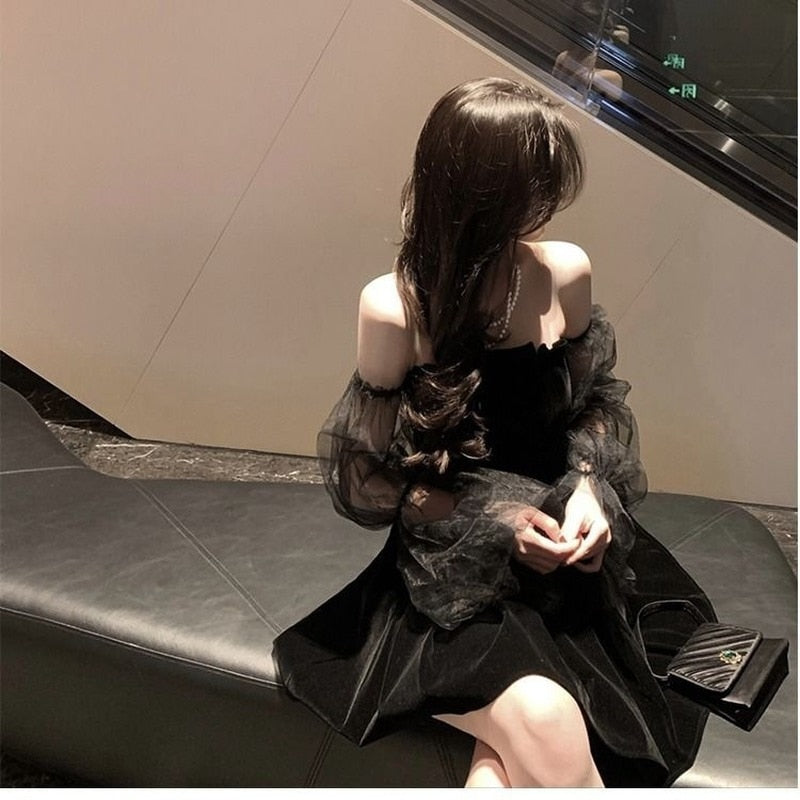 New 2022 Black Retro Dress Women Lace Chiffon Mini Dress Female High