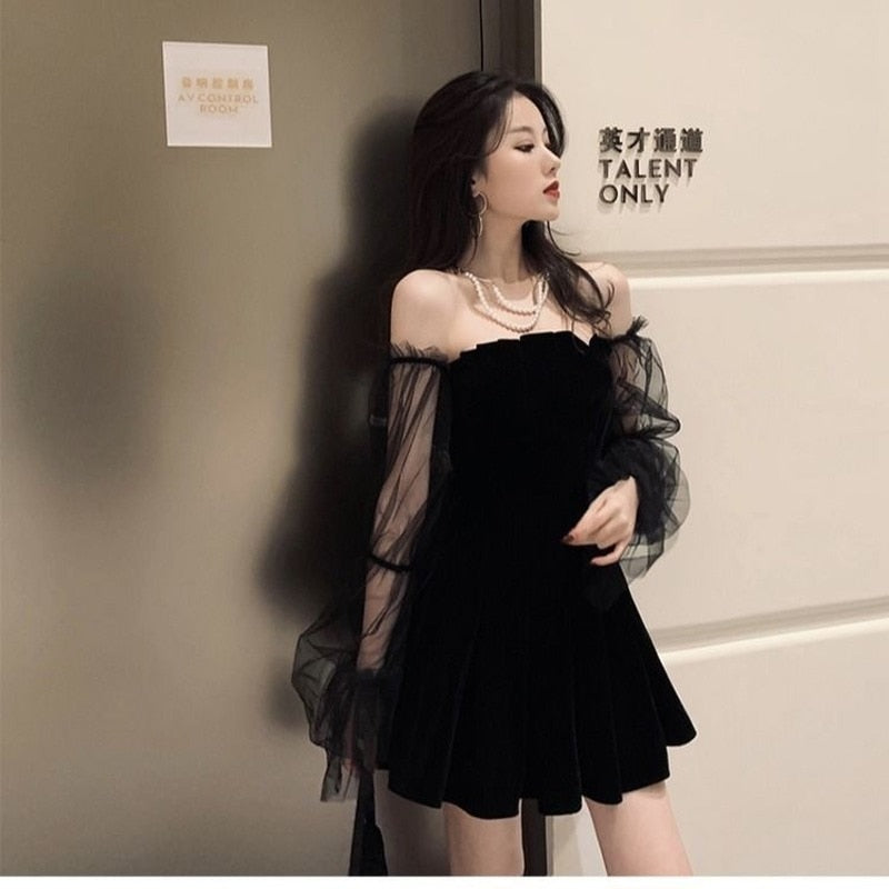 New 2022 Black Retro Dress Women Lace Chiffon Mini Dress Female High