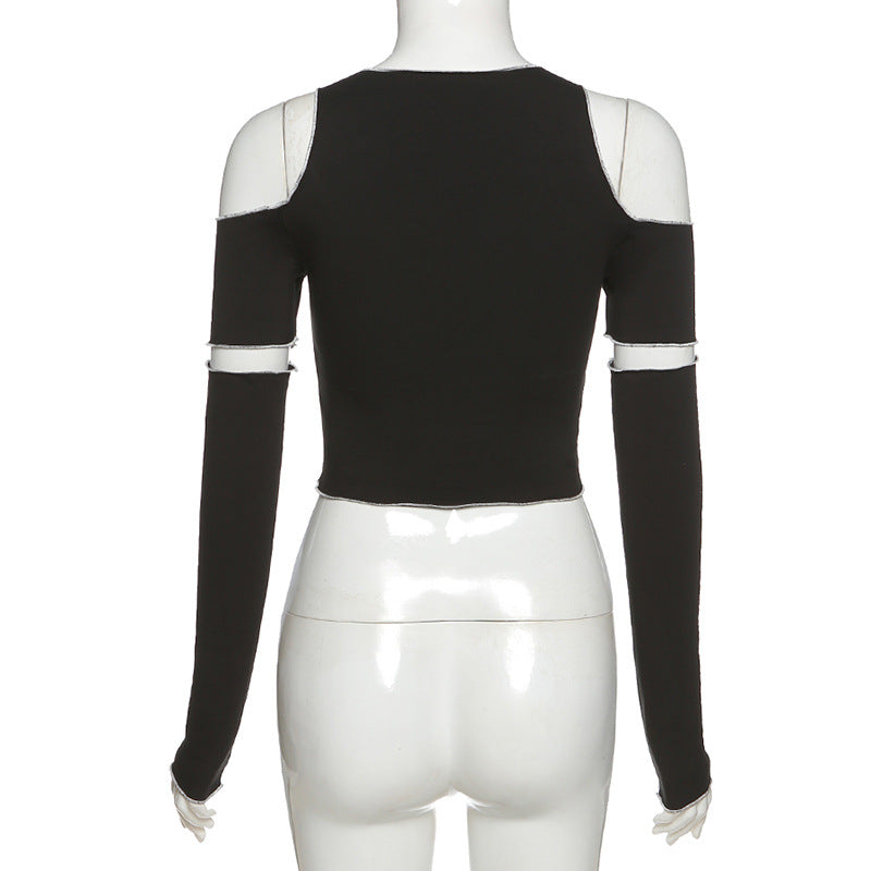 Patchwork Black T-shirts Gothic One Shoulder Sleeve Y2k Crop Tops
