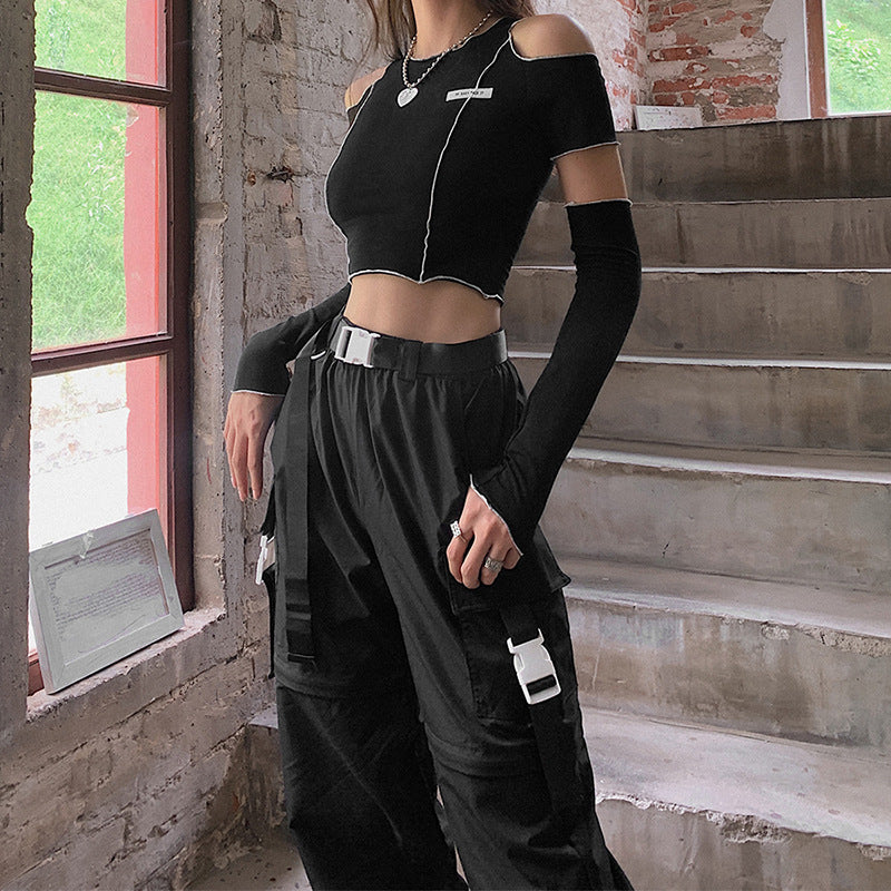 Patchwork Black T-shirts Gothic One Shoulder Sleeve Y2k Crop Tops