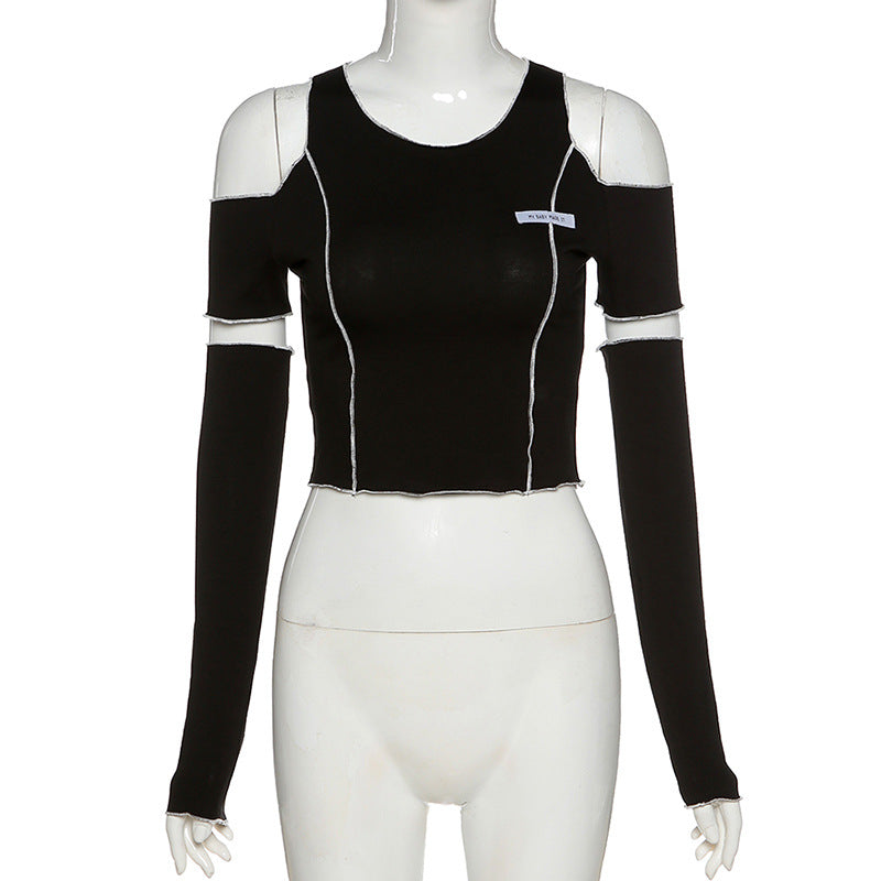 Patchwork Black T-shirts Gothic One Shoulder Sleeve Y2k Crop Tops
