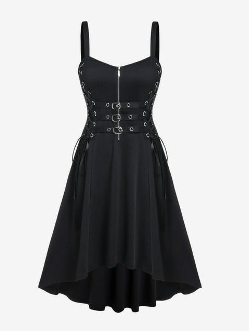 Rosegal Gothic Buckled Lace Up High Low Midi Dress High Waist