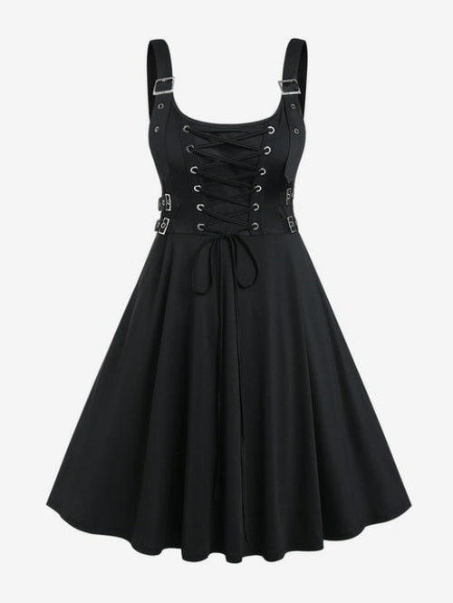 Rosegal Gothic Buckled Lace Up High Low Midi Dress High Waist