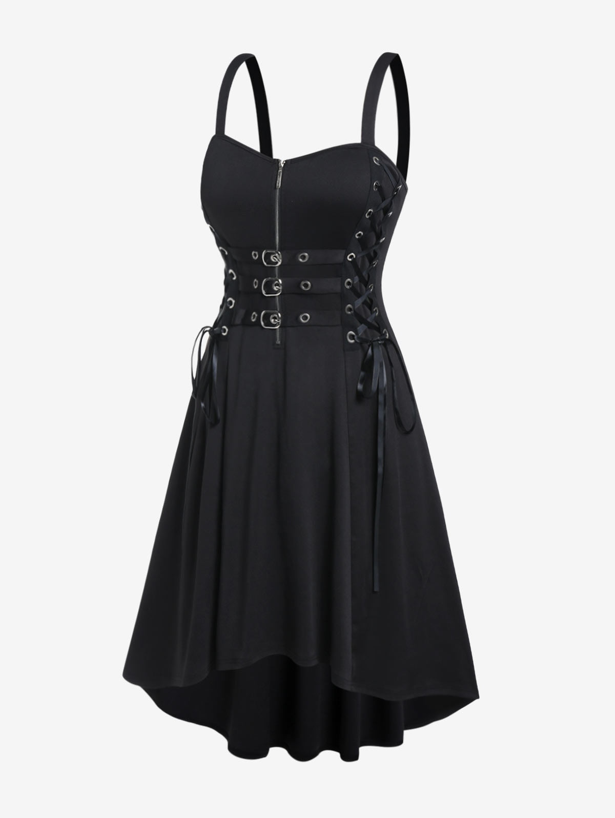 Rosegal Gothic Buckled Lace Up High Low Midi Dress High Waist