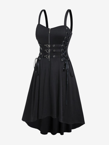 Rosegal Gothic Buckled Lace Up High Low Midi Dress High Waist