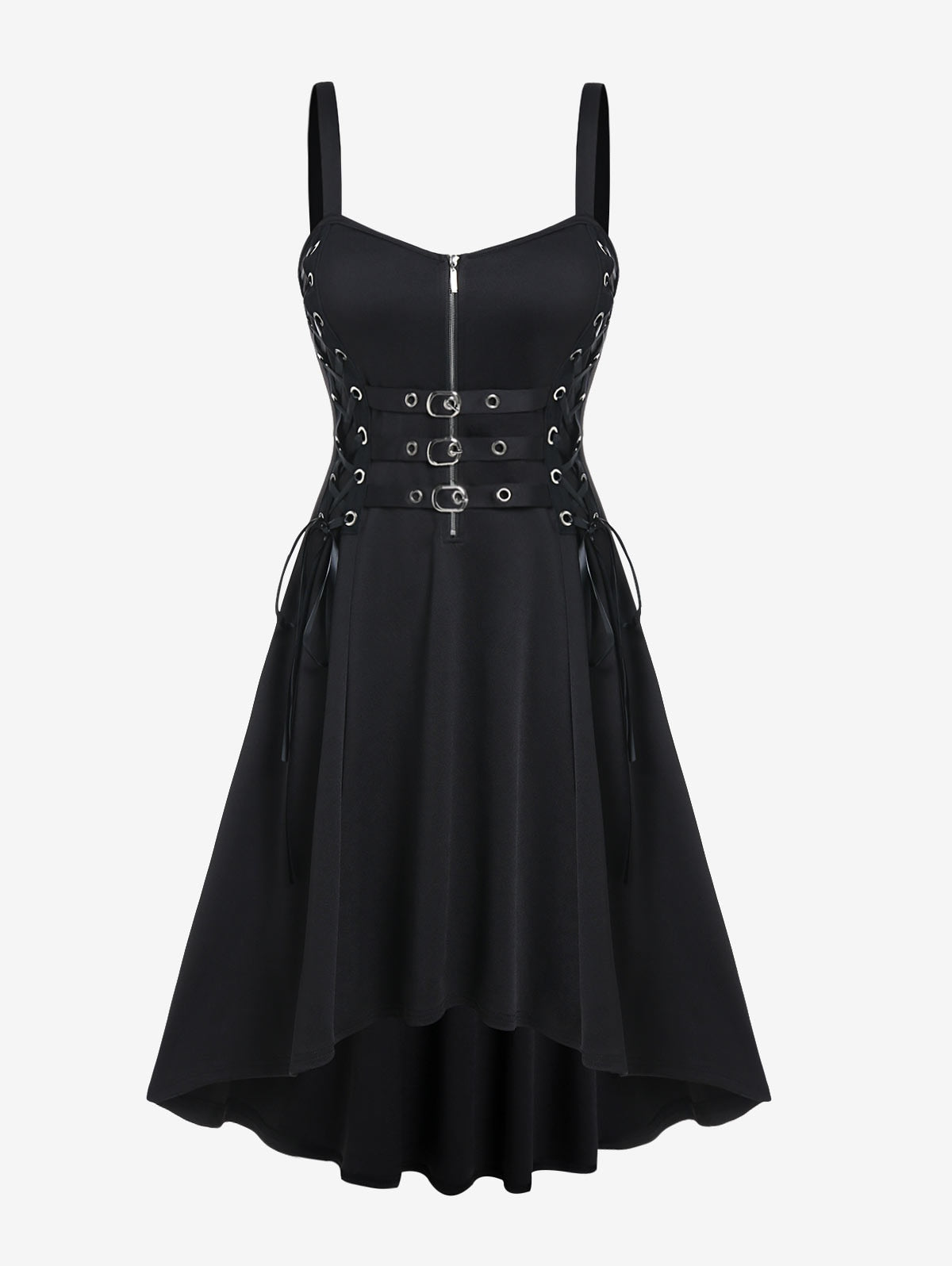 Rosegal Gothic Buckled Lace Up High Low Midi Dress High Waist