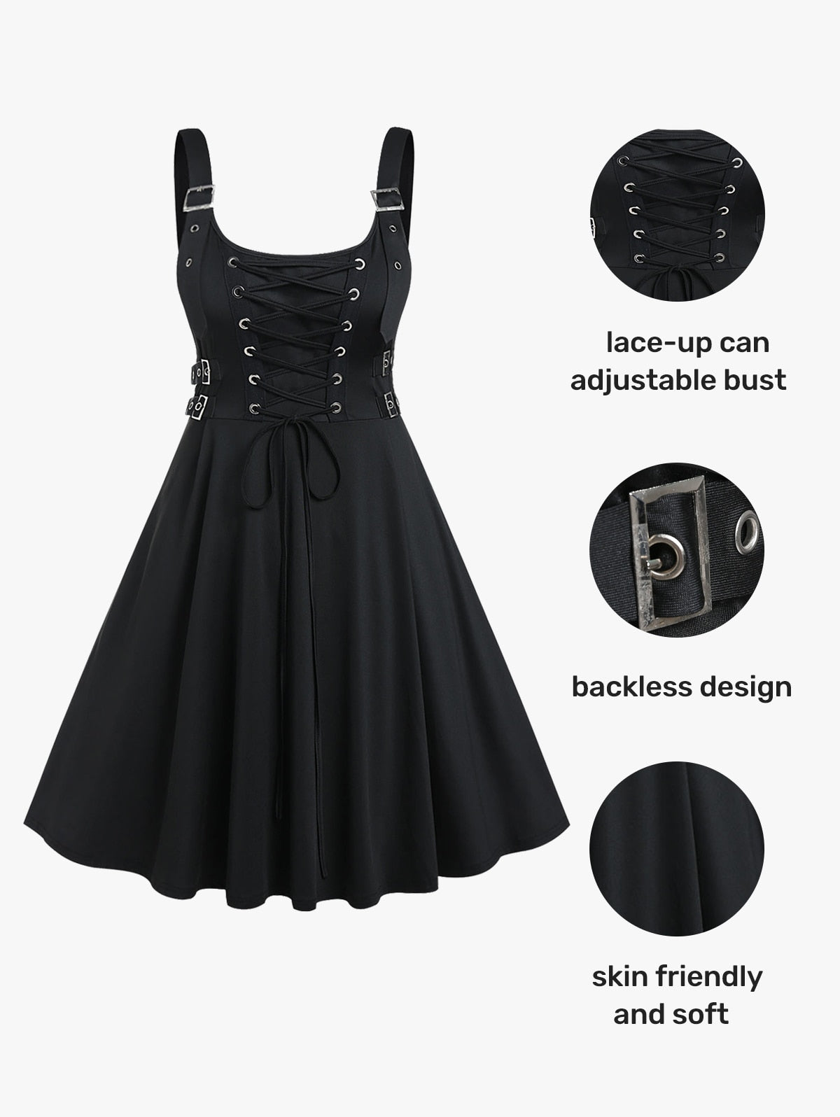 Rosegal Gothic Buckled Lace Up High Low Midi Dress High Waist