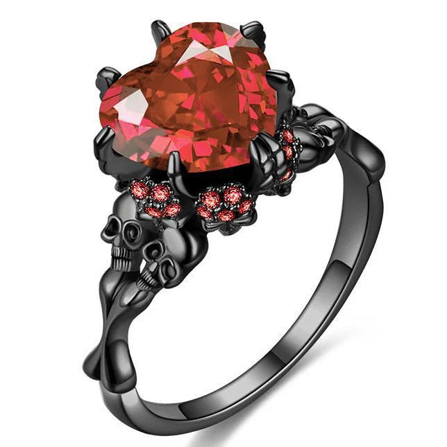 Skull Gothic Black Ring Heart-shape Red Crystal Vampire Double Skull