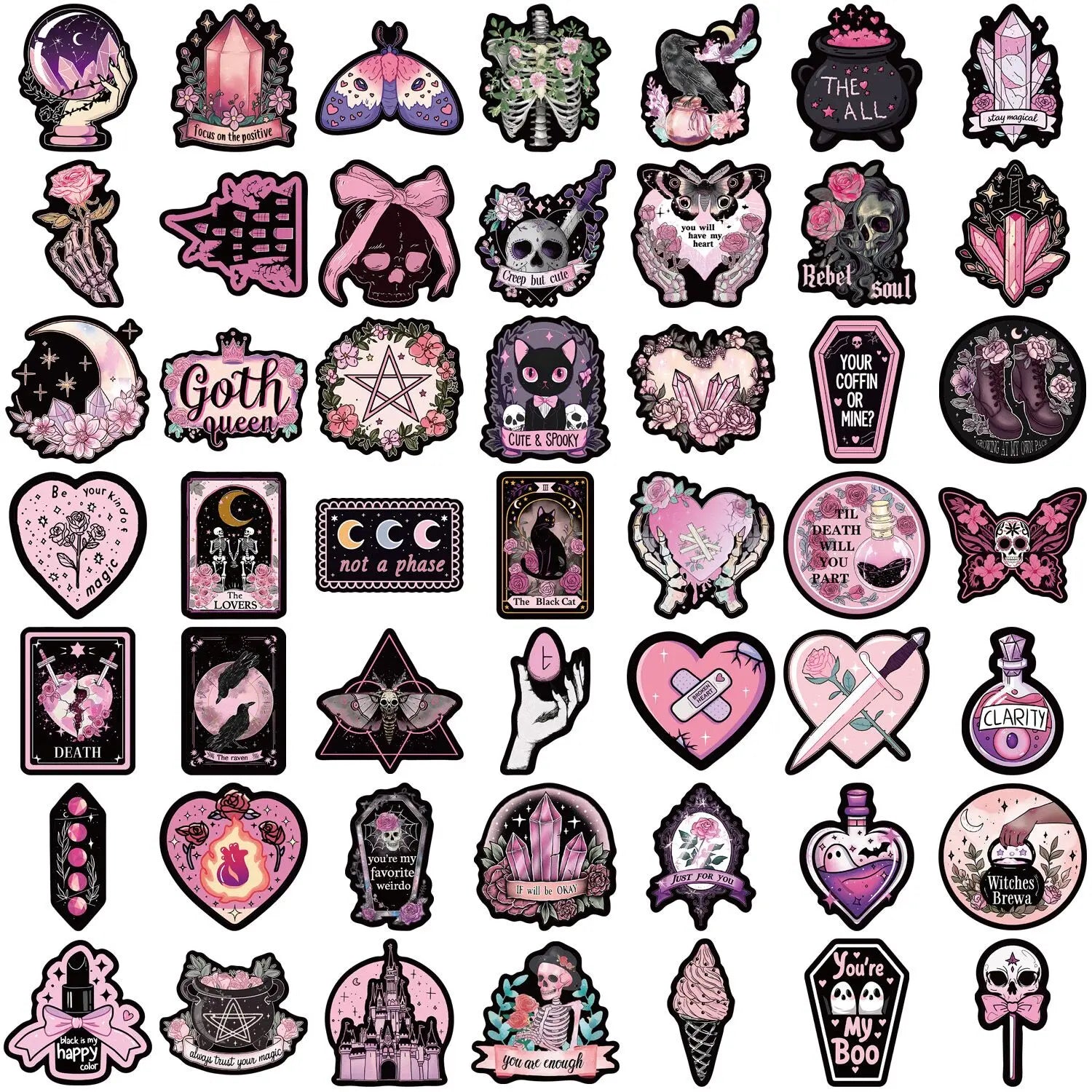 10/50pcs Dark Pink Gothic Magic Horror Skull Stickers Aesthetic Goth