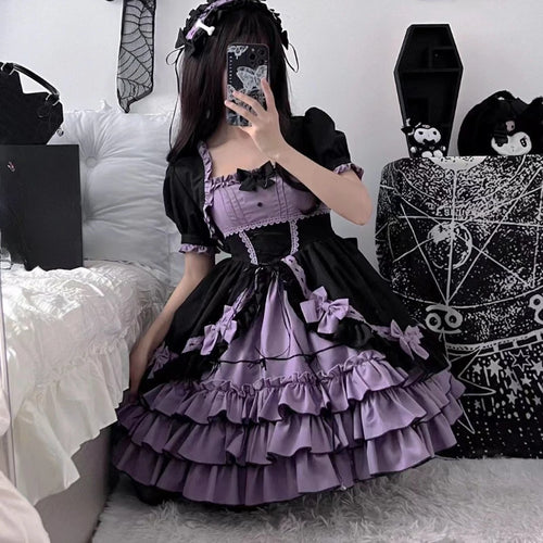 Victorian Vintage Lolita Dress Women Gothic Y2k Puff Short Sleeve