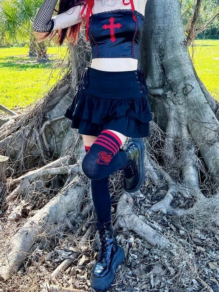 AltGoth Y2k Gothic Cake Skirt Women Dark Punk Streetwear Bandage High