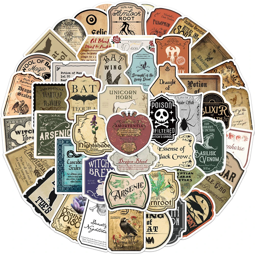 50PCS Halloween Retro Horror Gothic Witch Graffiti Potion Label
