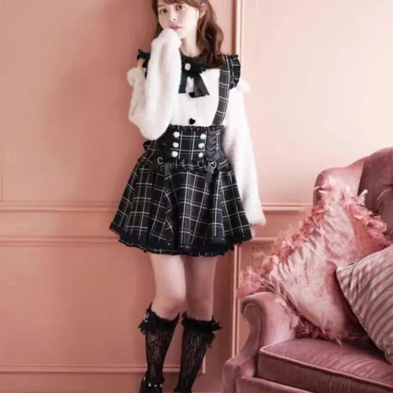 Japanese Gothic Lolita Ribbon Short Suspender plaid Skirt Girls Sweet