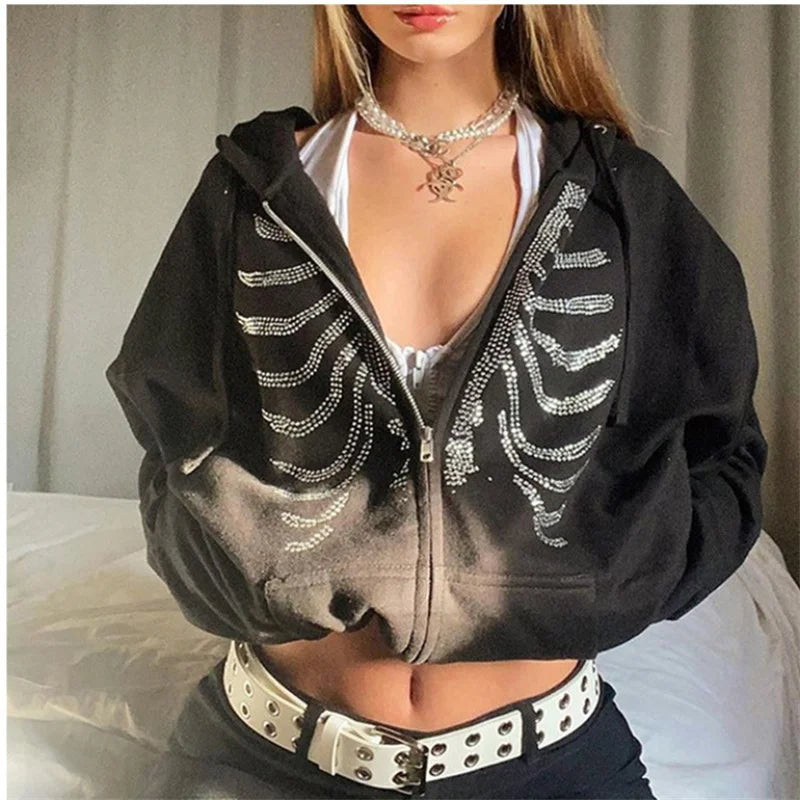 Women Gothic Black Zip Up Oversized Sweatshirts Y2K Rhinestone