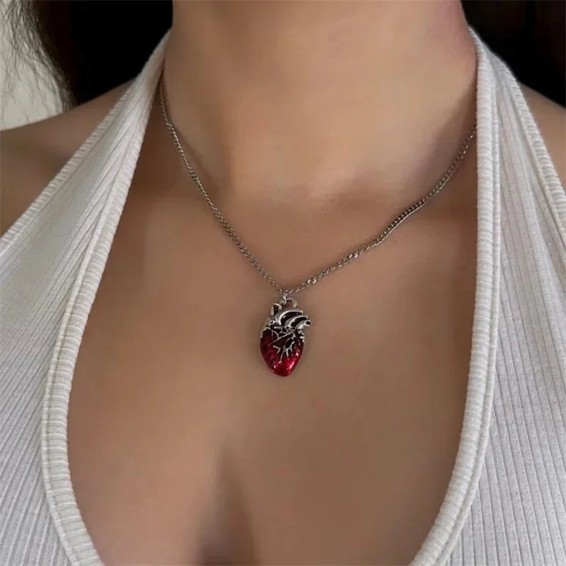 Anatomical red heart necklace gothic y2k grunge jewelry dainty silver