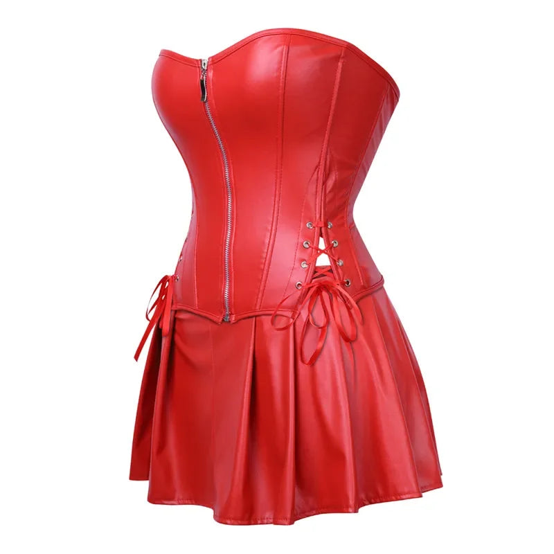 Sexy Faux Leather Corsets Skirt Set Overbust Burlesque Zipper Gothic