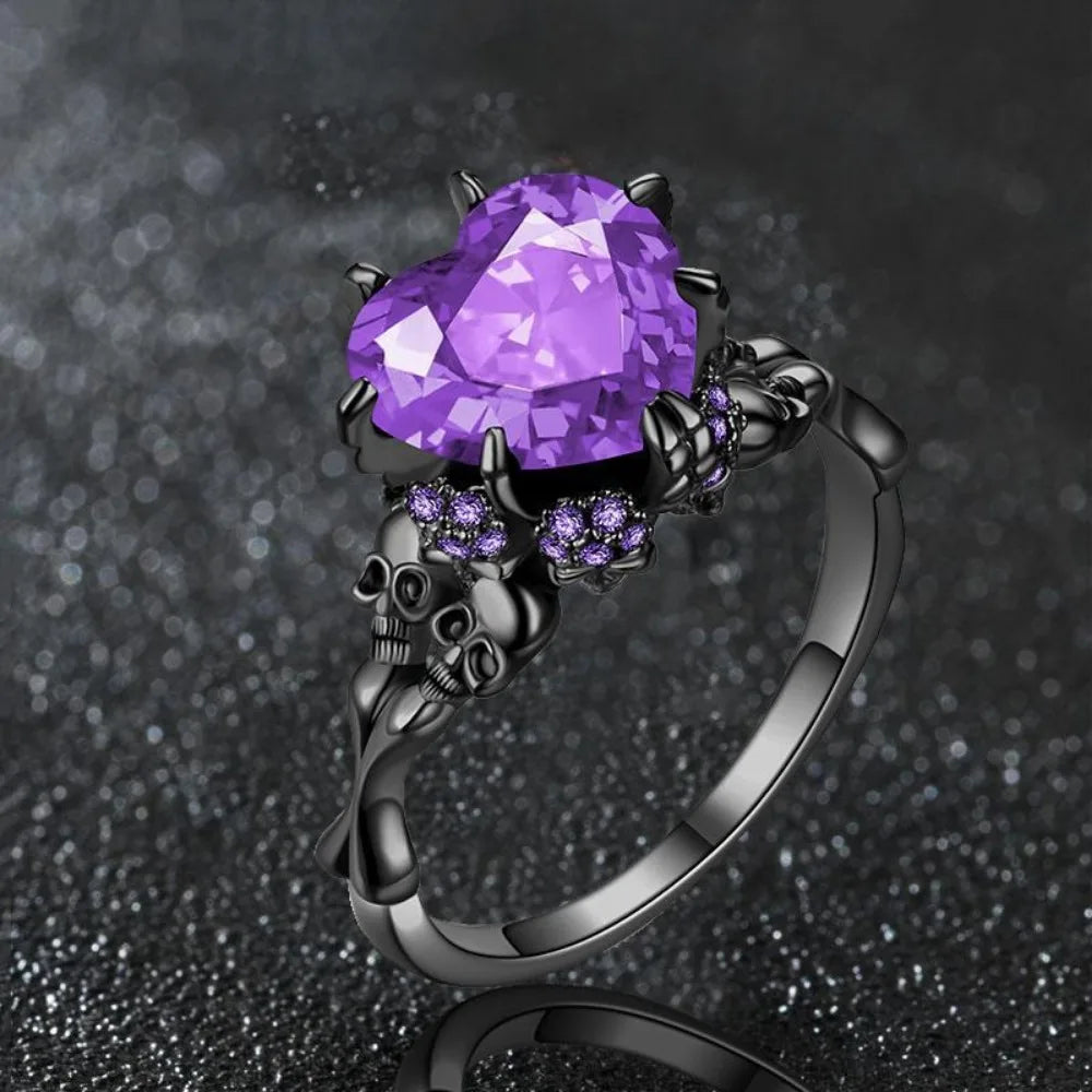 Skull Gothic Black Ring Heart-shape Red Crystal Vampire Double Skull
