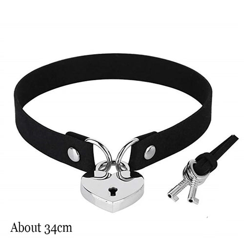 Woman Black Punk Choker Collar Necklace Sexy PU Leather Heart Lock Key