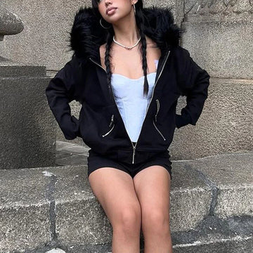 Goth Dark Faux Fur Collar Hooded Zip Up Hoodies Gothic Grunge Pockets