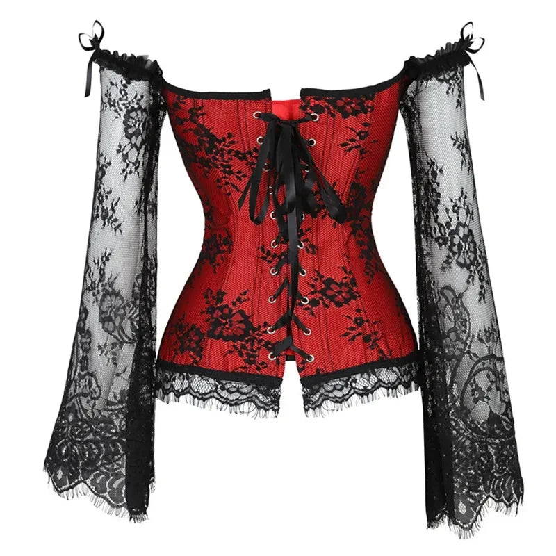 Corset Top Women Sexy Overbust Bustier with Off Shoulder Long Sleeves