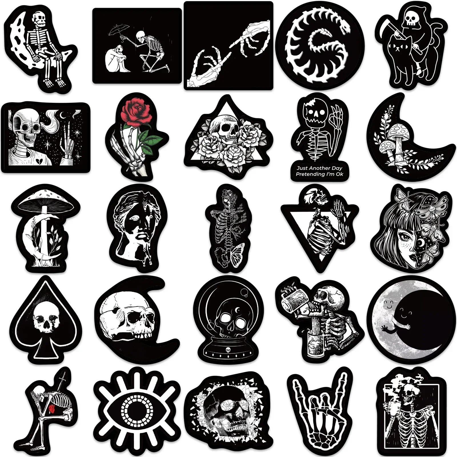 50Pcs Black White Gothic Graffiti Stickers Skull DIY Motorcycle Laptop