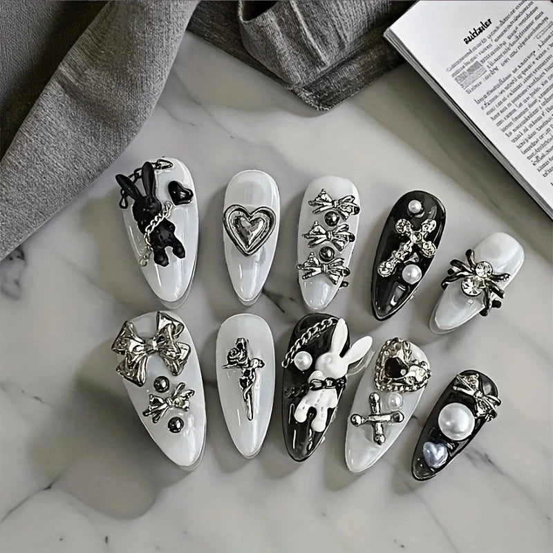 10pcs personalized black and white nail art, rabbit and bow decoration