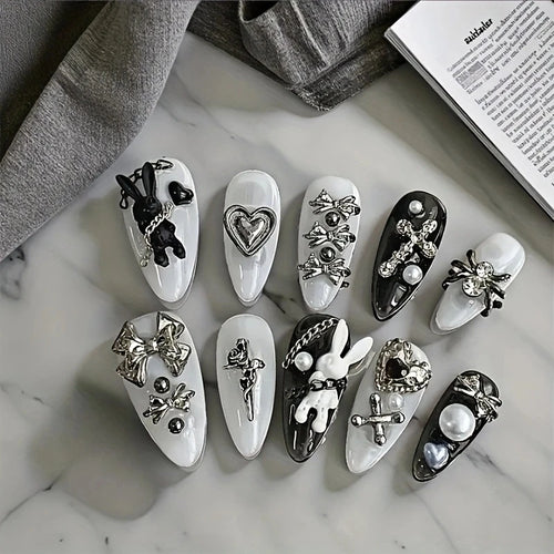 10pcs personalized black and white nail art, rabbit and bow decoration