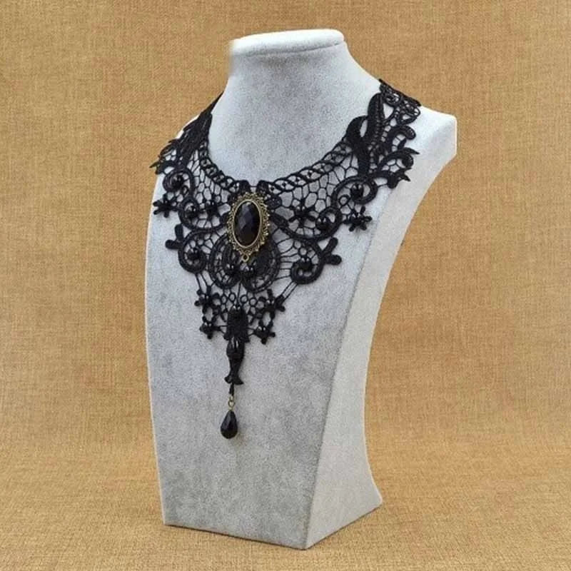 Fashion New Vintage Gemstone Black Lace Beads Choker Gothic Steampunk