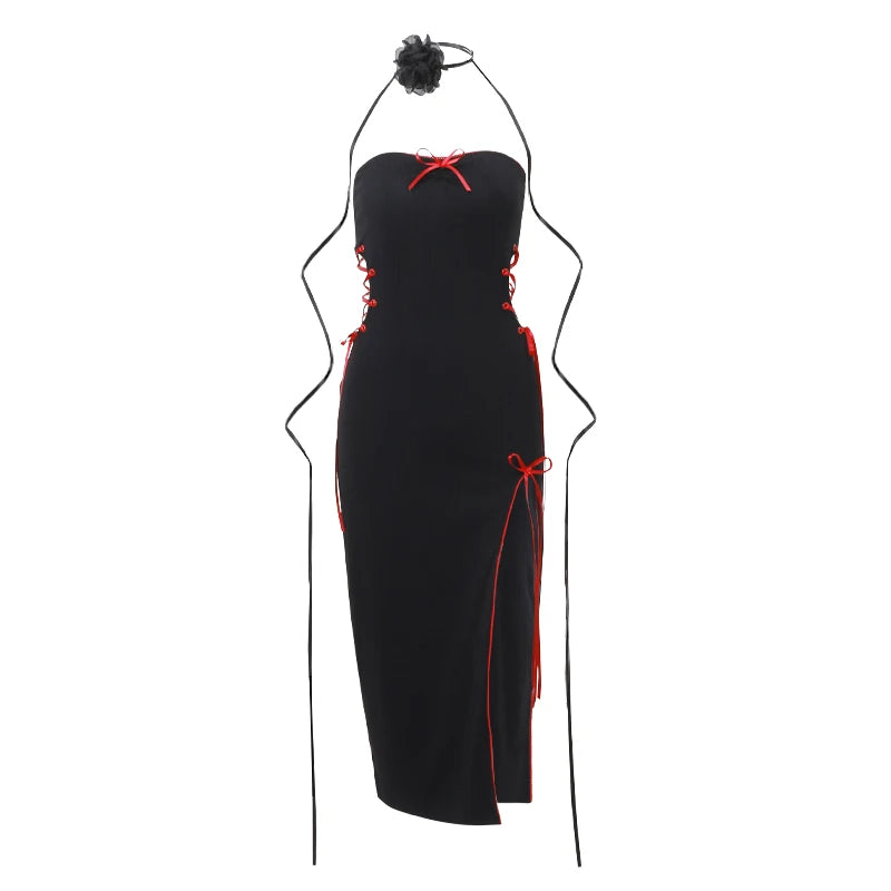 WhereMery Gothic Sexy Bow Applique Bandage Long Dress Aestheitic
