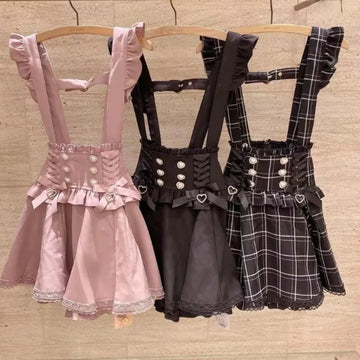Japanese Gothic Lolita Ribbon Short Suspender plaid Skirt Girls Sweet