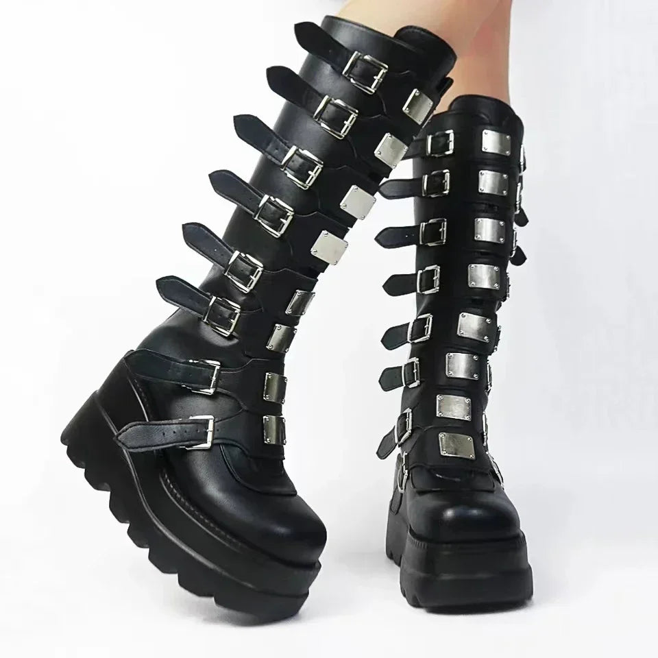 Long Boots Women Gothic Shoes Platform Knee High Boots Punk Black Sexy