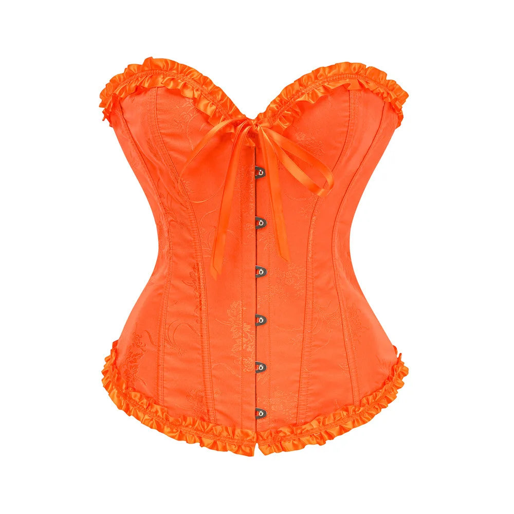 Yellow Jacquard Ruffled Trim Boned Sexy Overbust Push Up Bustier Top