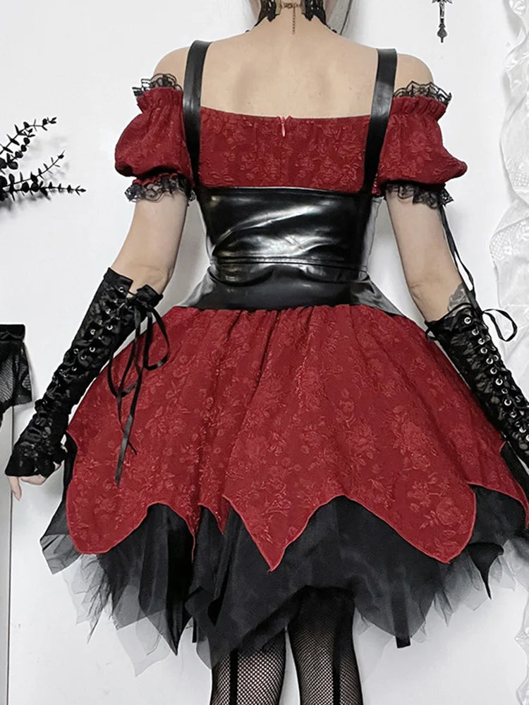AltGoth Dark Gothic Dress Women High Waist Lace Patchwork Puff Sleeve