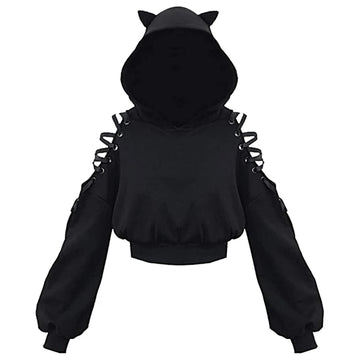 Y2k Gothic Womens Hoodie Cat Ear Crop Top Hooded Sweatshirt Hollow Out