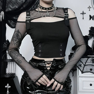 Goth Dark Mall Gothic Fishnet Patchwork T-shirts Grunge Punk Hollow