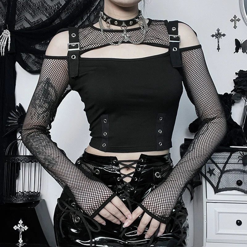 Goth Dark Mall Gothic Fishnet Patchwork T-shirts Grunge Punk Hollow