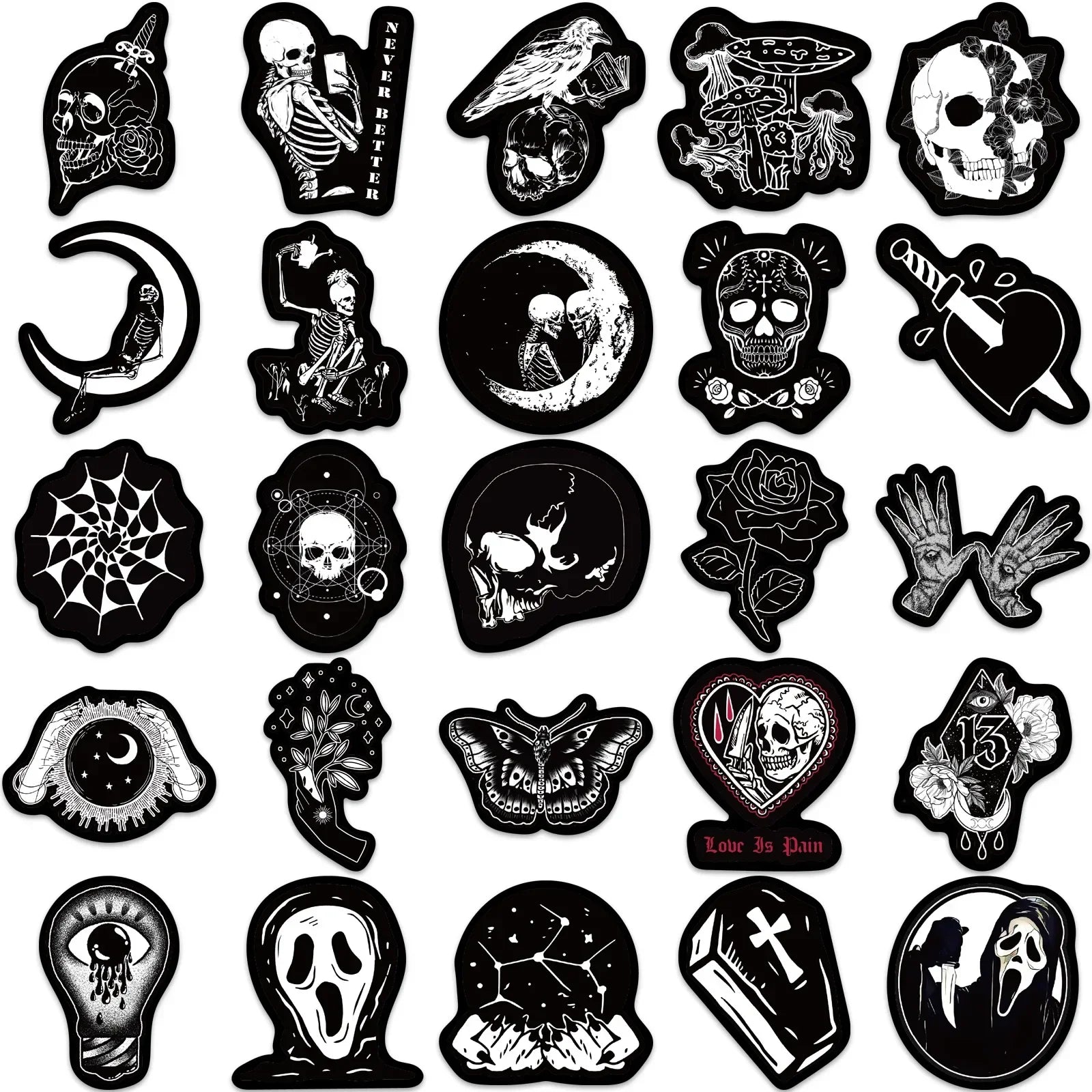 50Pcs Black White Gothic Graffiti Stickers Skull DIY Motorcycle Laptop