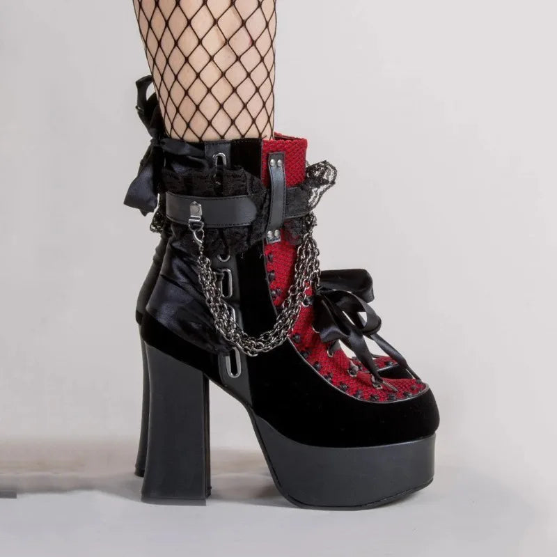 Gothic Style Chain Lace Up Bow Women Short Boots Retro Round Toe