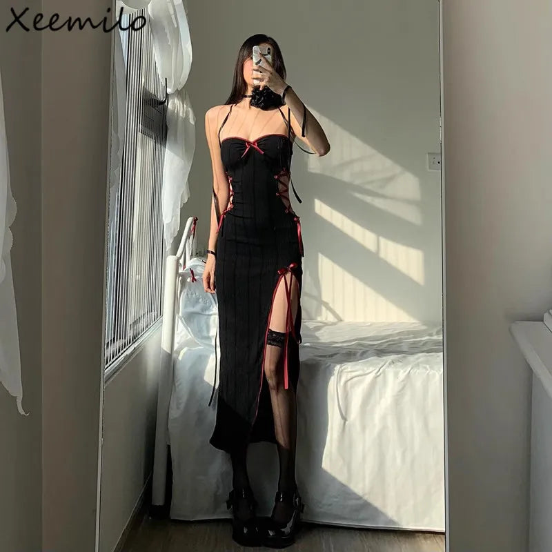 WhereMery Gothic Sexy Bow Applique Bandage Long Dress Aestheitic
