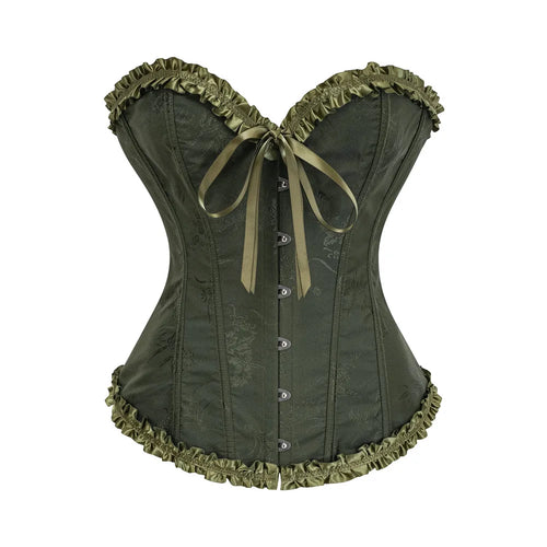 Yellow Jacquard Ruffled Trim Boned Sexy Overbust Push Up Bustier Top