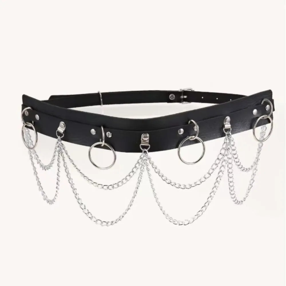 Chain Fringe Rivet Studded Belt Gothic Black PU Leather Waist Belt