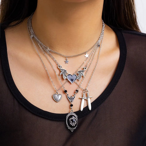 5Pcs/Set Goth Demon Wings Sword Black Heart Pendant Necklace for Women
