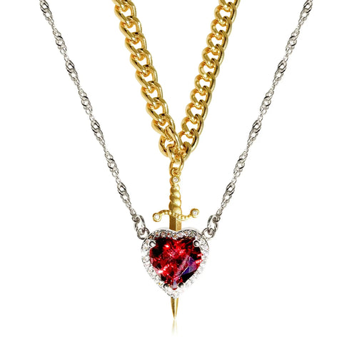 2PC Gothic Punk Sword Heart Creative Two Tone Couple Necklace Ladies
