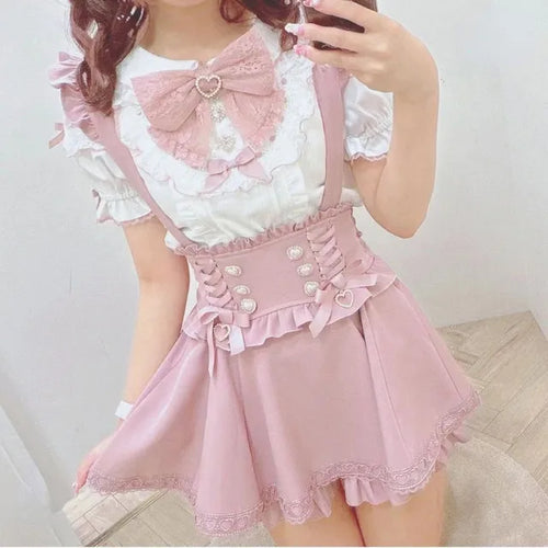 Japanese Gothic Lolita Ribbon Short Suspender plaid Skirt Girls Sweet