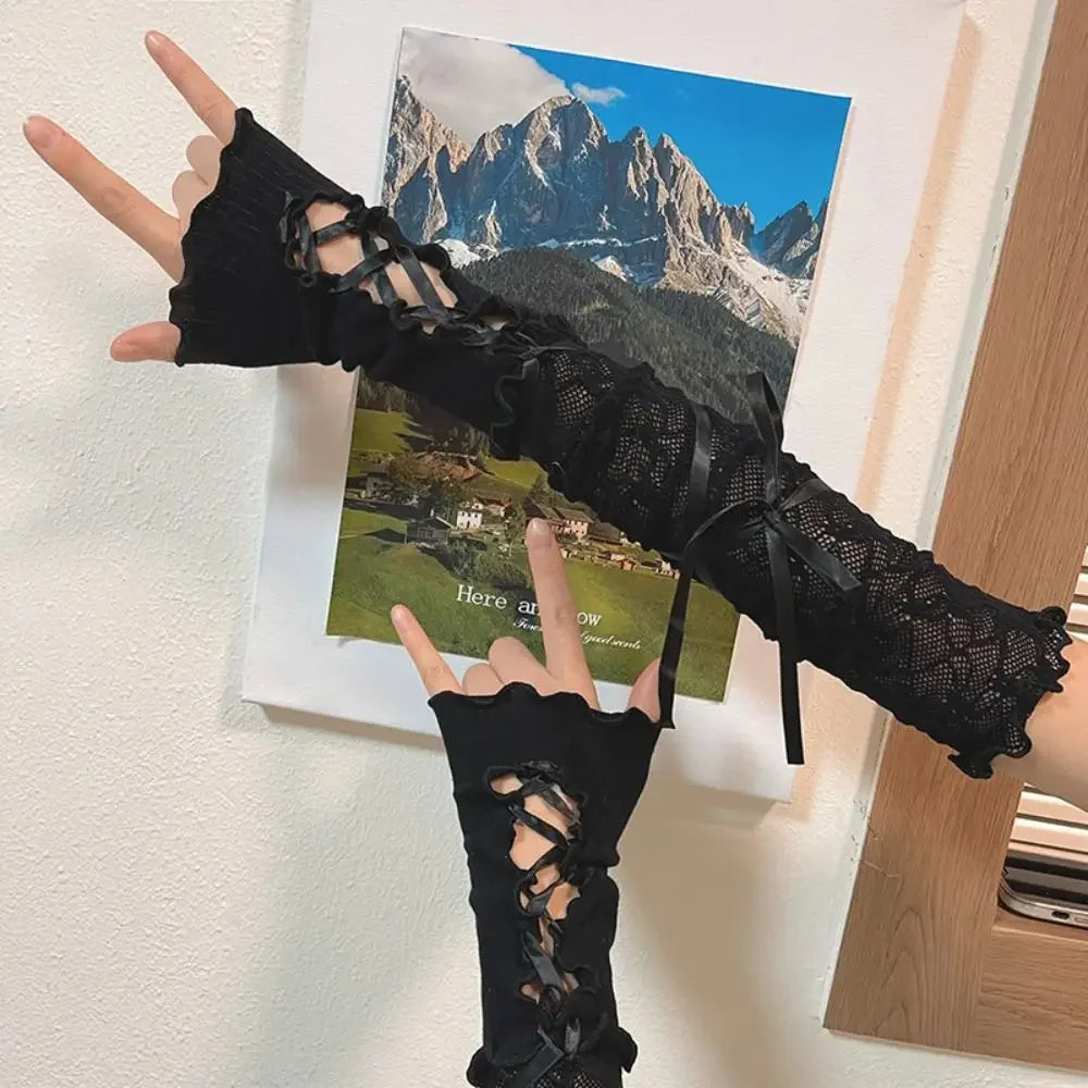 Women Lolita Jk Lace Fingerless Gloves Black Gothic DIY Strapping