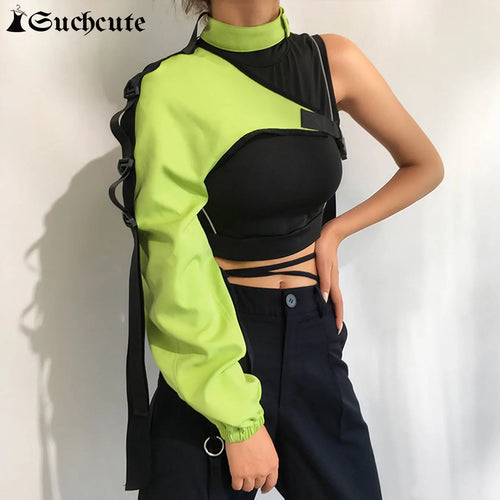 SUCHCUTE Women Sexy One Shoulder Reflective Crop Tops Adjustable