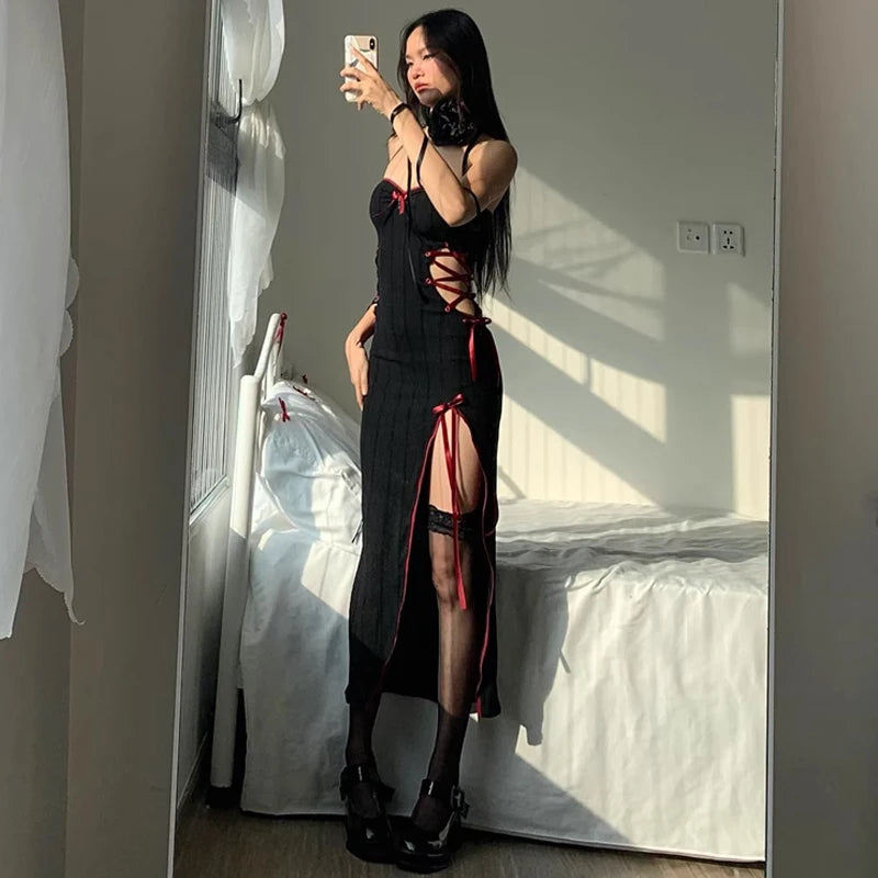 WhereMery Gothic Sexy Bow Applique Bandage Long Dress Aestheitic